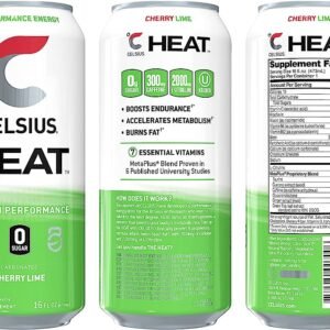 CELSIUS HEAT Cherry Lime Performance Energy Drink, Zero Sugar, 16oz. Can, 12 Pack