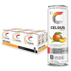 CELSIUS Peach Mango Green Tea Non-Carbonated Fitness Drink, Zero Sugar, 12oz. Slim Can, 12 Pack