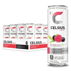 CELSIUS Raspberry Acai Green Tea Non-Carbonated Fitness Drink, Zero Sugar, 12oz. Slim Can, 12 Pack